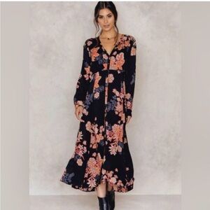 Free People Miranda Midi Dress Black Floral Button Up w/ Slit Sz 10